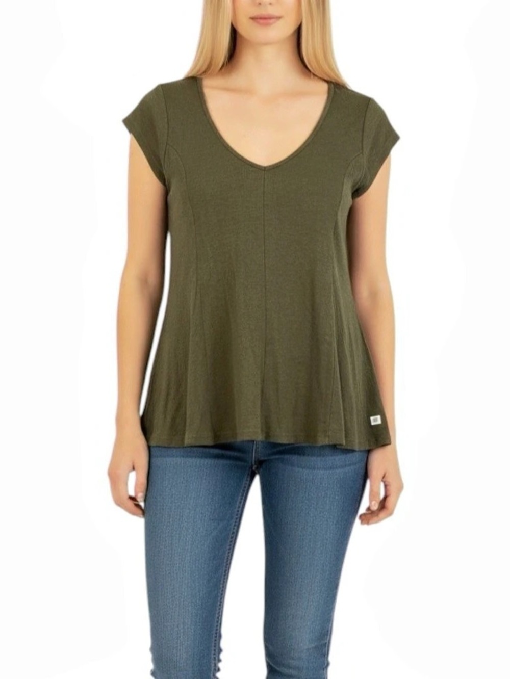 Toad&Co Olive Ribbed Plated Short Sleeve V-Neck T-Shirt Size Small